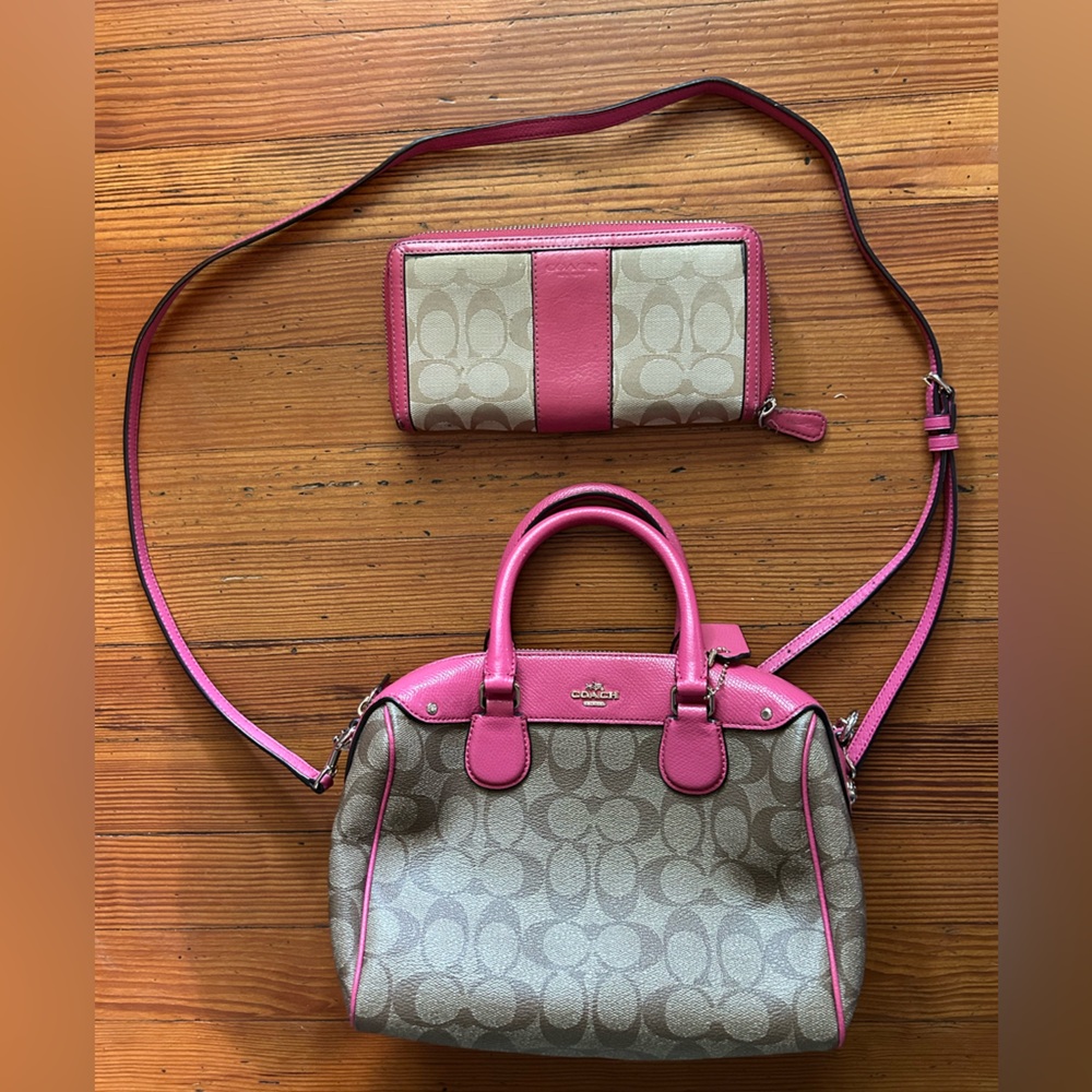 Coach Signature Pink and Tan Satchel with Double Handles & Matching Wallet.